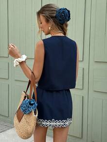 SHEIN Frenchy Set 2 buc. femei model contrastant culori top fără mâneci și fustă mini - Albastru marin - Vizualizare 2