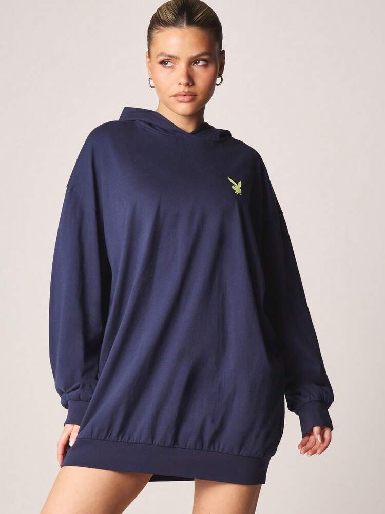 Missguided x Playboy Oversized Hoodie T-Shirt Dress With Logo Embroidery Long Sleeve Pullover Crew Neck Mini Casual Fall Winter Sweatshirt Dress