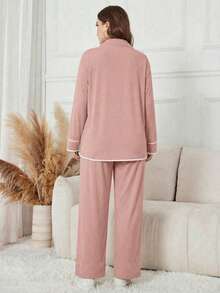 Modelyn Damen Schwarzer Stehkragen Halb-Reißverschluss Hoodie mit Buchstaben-Patch, lässiges Loose Fit 2-teiliges Set, geeignet für Herbst/Winter - Altrosa - Übersicht 2