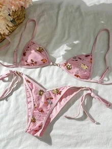 Swim Mod 女士度假沙滩珍珠装饰刺绣亮片面料露背系带性感比基尼套装 - 粉色 - 查看 1