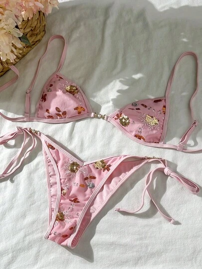 Swim SXY Women's Vacation Beach Pearl Decor Embroidered Sequin Fabric Backless Tie Sexy Bikini Set