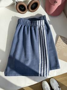 Comfortcana 复古水洗蓝色针织阔腿休闲短裤，百搭大码，春夏款 - 藍色 - 查看 8