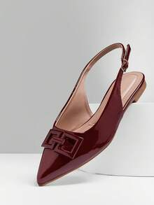 SHUZIA 女士尖头方扣亮面漆皮酒红色露跟平底鞋 – 柔软舒适的鞋垫，精致光泽，轻松百搭的日常风格 - 酒紅色 - 查看 3