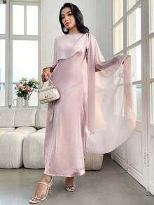 女士纯色优雅修身不对称下摆连衣裙 - 粉色 - 查看 6