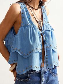 Bohemela Áo kiểu denim nữ cổ chữ V, buộc dây phía trước, đính cườm và xếp nếp, kiểu dáng thường ngày, thích hợp cho các buổi hẹn hò và đi chơi. - Rửa nhẹ - Xem 3
