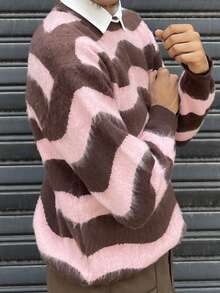 Ngobest Haus Ngobest Haus Unisex Striped Dropped Shoulder High Street Knit Sweater, Long Sleeve Crew Neck, Autumn/Winter - Brown - View 4