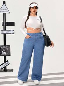 Flexra Plus Size Solid Color High Stretch Casual Straight Leg Versatile Daily Jeans - Blue - View 4