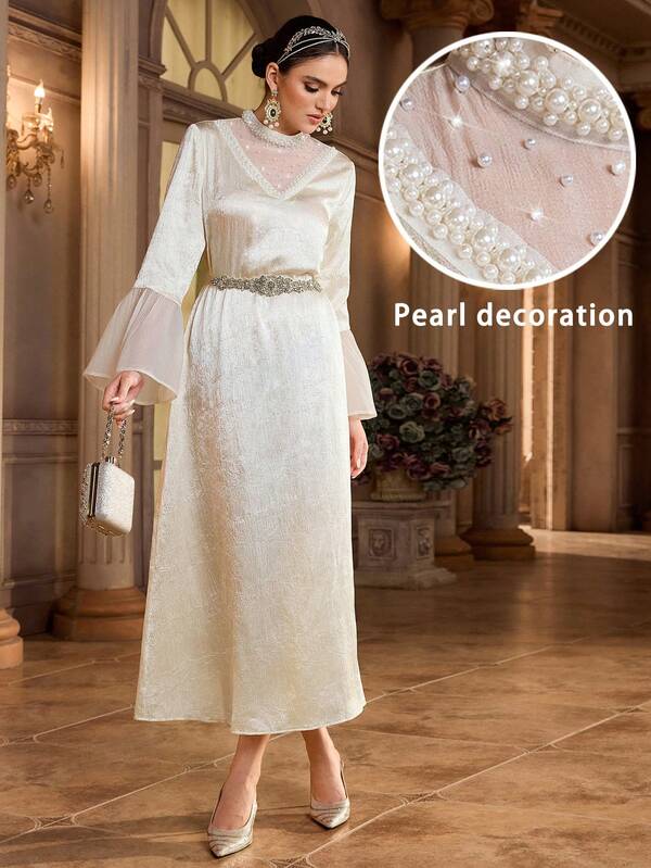 Al Najma Women's Stand Collar Faux Pearl Decor Flare Sleeve Elegant Arabic Style Dress Luxury Dress For Women Vintage Dress White Elegant Dress Long Sleeve Dress