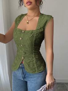 Elenzga 女士夏季外出、约会、海滩度假、波西米亚西部婚礼、音乐节时尚优雅甜美法式迷人浪漫编织白色刺绣方领复古纽扣腰部设计常规衬衫 - 軍綠色 - 查看 4