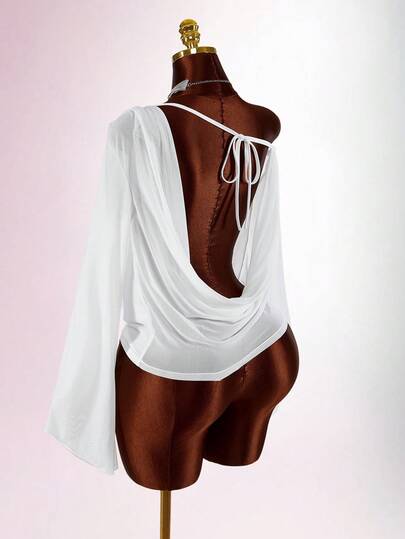 Amplova Women's Plunging Neck Backless Long Sleeve Loose Blouse, Sexy & Avant-Garde, Versatile Street Style