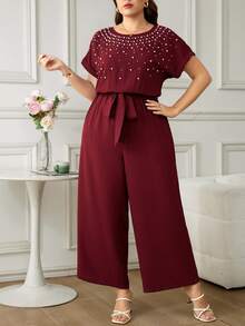 Reflora 大码优雅圆领连体裤，配腰带和阔腿裤腿 - 酒紅色 - 查看 4