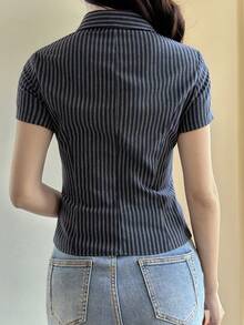 Blusa formal ajustada de manga corta con cuello y rayas para mujer, estilo veraniego Y2K - Azul - Ver 3