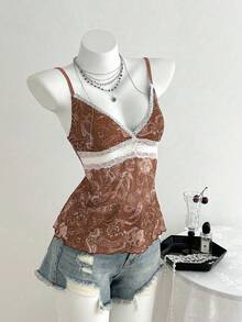 Elamini 复古粉色腰果花撞色蕾丝吊带背心，适合春夏假日穿着 - 棕色 - 查看 5