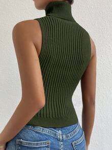 Chiquease 女士休闲日常通勤简约纯色高领无袖修身针织上衣，秋季 - 軍綠色 - 查看 2