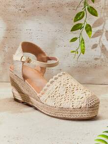 SHUZIA Women Elegant Floral Cut-Out Ankle Strap Espadrille Wedges - Beige - View 4