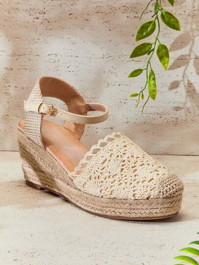 SHUZIA Women Elegant Floral Cut-Out Ankle Strap Espadrille Wedges