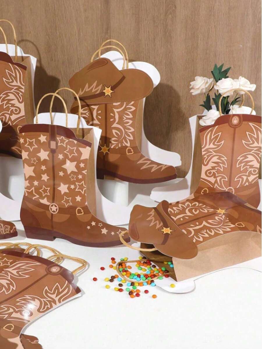 4/8/16 chiếc túi giấy Kraft hình ủng và mũ cao bồi miền Tây có tay cầm - Quà tặng theo chủ đề Rodeo cho sinh nhật, tiệc độc thân và trang trí miền Tây hoang dã, nhiều màu sắc, thiết kế tự làm theo chủ đề miền Tây, mũ cao bồi - Nhiều màu - Xem 1