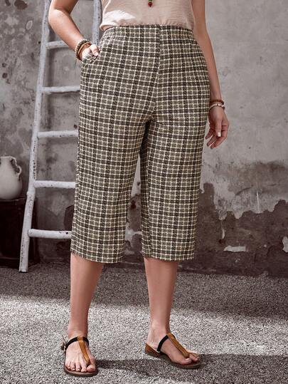 EMERY ROSE Plus Size Women's Summer Casual Vacation Country Plaid Print High Waist 7/8 Length Pants, Suitable For Vacation, Daily Commute,Summer Holiday,Spring Break Outfits ,Vacation Outfits Women ,Holiday Outfits For Women,Going Out Outfits,2026 New Clothes,Simple And Fashionable For Everyday Wear,Suitable For Summer, Vacation, Commute, Daily Wear, Checkered Pants,