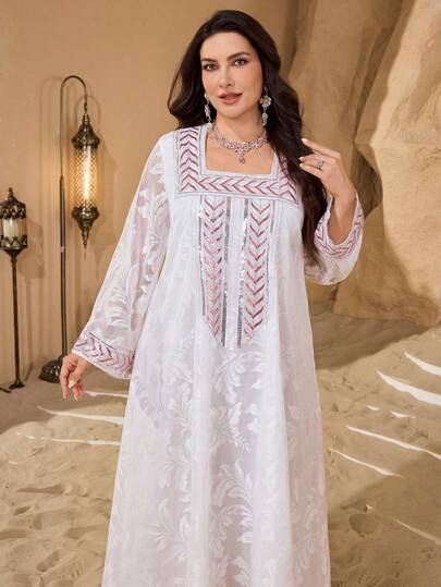 Al Najma Plus Size Women's Square Neck Sequin Embroidered Lace Mesh Elegant Romantic Arabic Style Dress