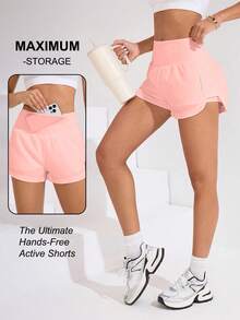 Velisys Velisys Solid Color High Waist Asymmetric Hem Sports Shorts, Spring/Summer - Multicolor - View 4