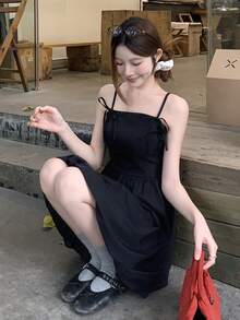 FRIFUL Women's Spaghetti Strap Dress With Bow Decor And Peplum Hem Sundress Summer - Black - View 8