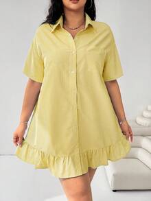 SHEIN EZwear Plus Size Navy Blue & White Striped Short Sleeve Ruffle Hem Splice Loose Casual Dress For Women,Summer Smart Casual Vacation Outing Spring Clothing - Light Yellow - View 4