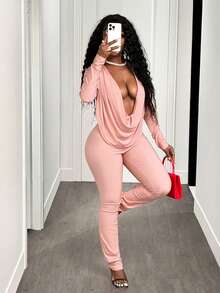 BamGleam 女士时尚性感纯色深V领长袖连体裤，秋季 - 粉色 - 查看 7