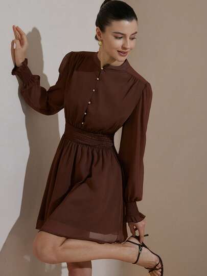 Aveloria Rosie Brown Long Sleeve Cinched Waist Half-Zip Dress, French Vintage Style Elegant, Tailored Silhouette, Suitable For Commuting In Autumn