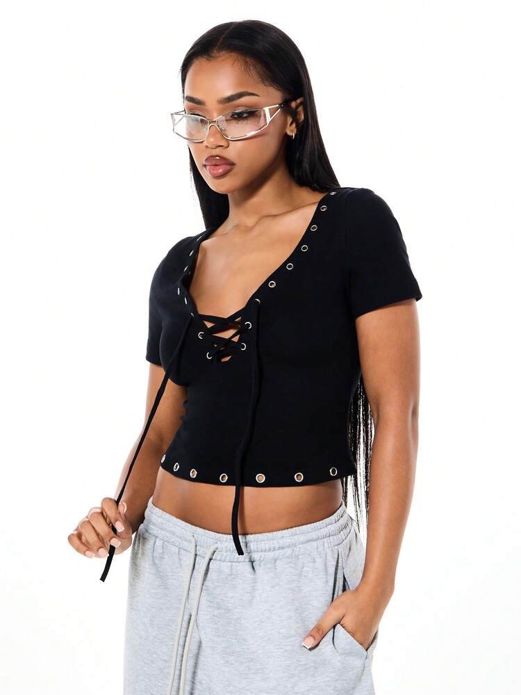 SUMWON WOMEN Eyelet Lace-Up Crop Top With V-Neck