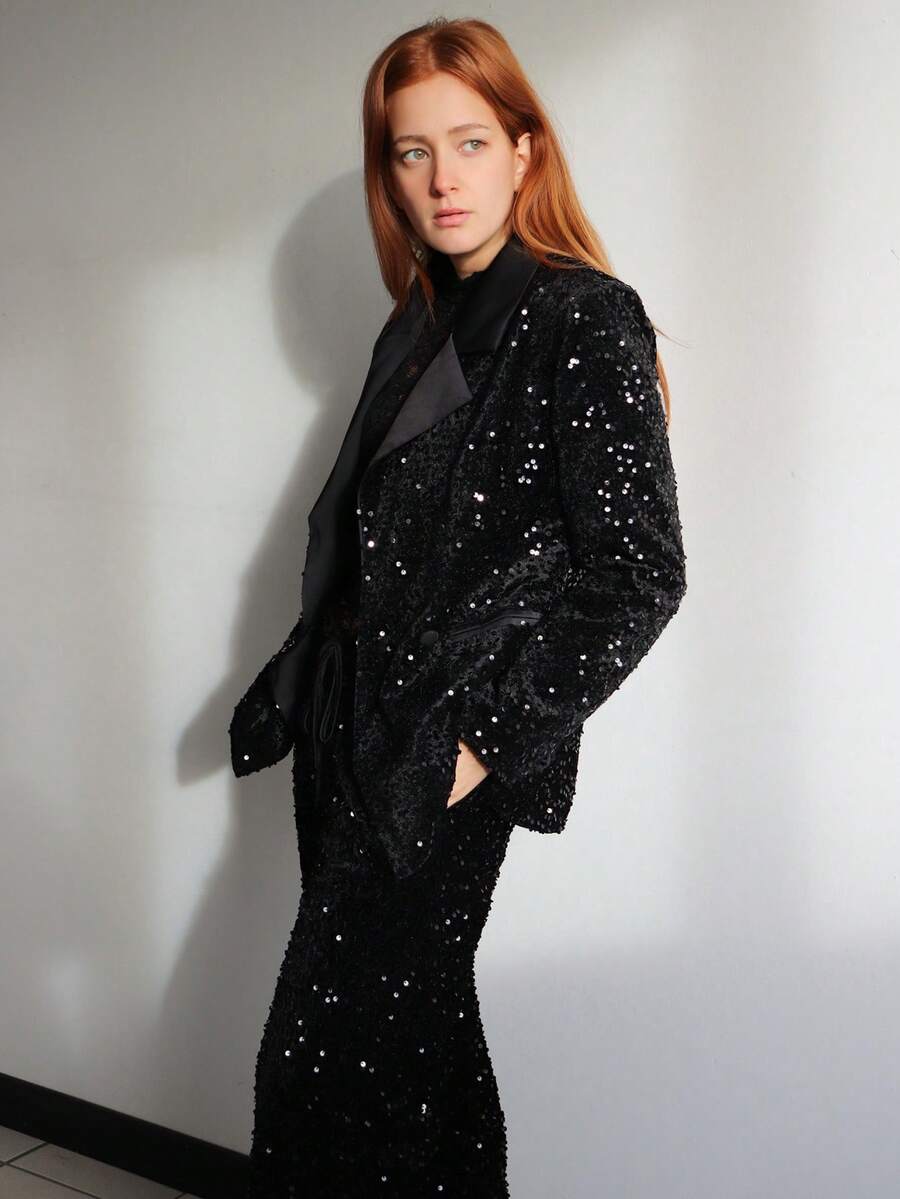 SILVIA DI SANTO Áo khoác Blazer chắp vá vải sequin rộng rãi thiết kế thời trang - màu đen - Xem 1
