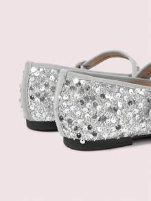 CUCCOO DOLLMOD Women's Silver Sequin Shiny Slip-On Round Buckle Design Square Toe Flat Mary Jane Shoes, Fashionable And Elegant For Birthday Party Outfit - Silver - View 4