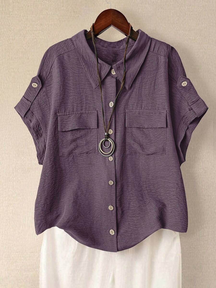 Linhara Áo sơ mi nữ cỡ lớn màu trơn, cổ ve áo, tay ngắn, hai túi, kiểu dáng thường ngày, thoải mái và thời trang. - Bụi tím - Xem 1