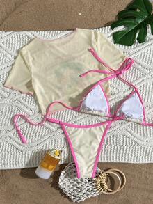 Swim Vcay 女士三件套泳装：水果印花挂脖比基尼上衣，网纱罩衫，甜美时尚，适合海滩度假 - 彩色 - 查看 2