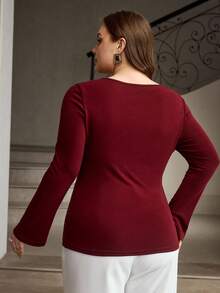 ZEYLAH Asymmetric Neckline Metal Decor Flare Sleeve T-Shirt - Burgundy - View 3
