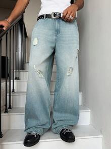 Manfinity Hypemode Denim casuais de perna reta solta com bordado floral vintage desgastado, unissex - Lavagem clara - Visão 3