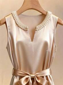 GlowEve Women's Sleeveless Apricot Acetate Dress, Elegant Pearl Trim Design Dress, Everyday Wear - Champagne - View 3