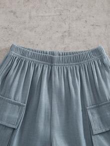 SHEIN Bộ 2 món đồ mặc nhà rộng rãi in chữ cho bé trai, áo thun kaki và quần short xanh dương, trang phục mùa hè. - Màu Khaki - Xem 7