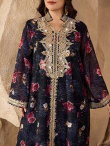 Al Najma Random Floral Applique Decorative Trim Ribbon, Luxurious Elegant Traditional Loose Long Sleeve Plus Size Women Turkish Abaya Robe - Black - View 7