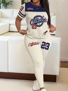 Maweii Plus Size Women's 2 Pieces Sets California 23 Graphic T-Shirt And Leggings Outfit,Beige Summer Gothic Gym Football Baseball Capri Pants Set - Multicolor - View 3