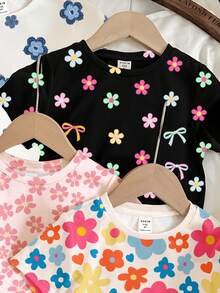 SHEIN 4件装少女多巴胺花朵系列图案T恤，可爱花卉印花短袖圆领T恤，适合休闲、日常、度假、户外活动穿着，春夏皆宜 - 彩色 - 查看 4