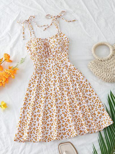 Trelyra Vestido corto de mujer con tirantes finos y estampado floral tipo Ditsy con detalle de lazo