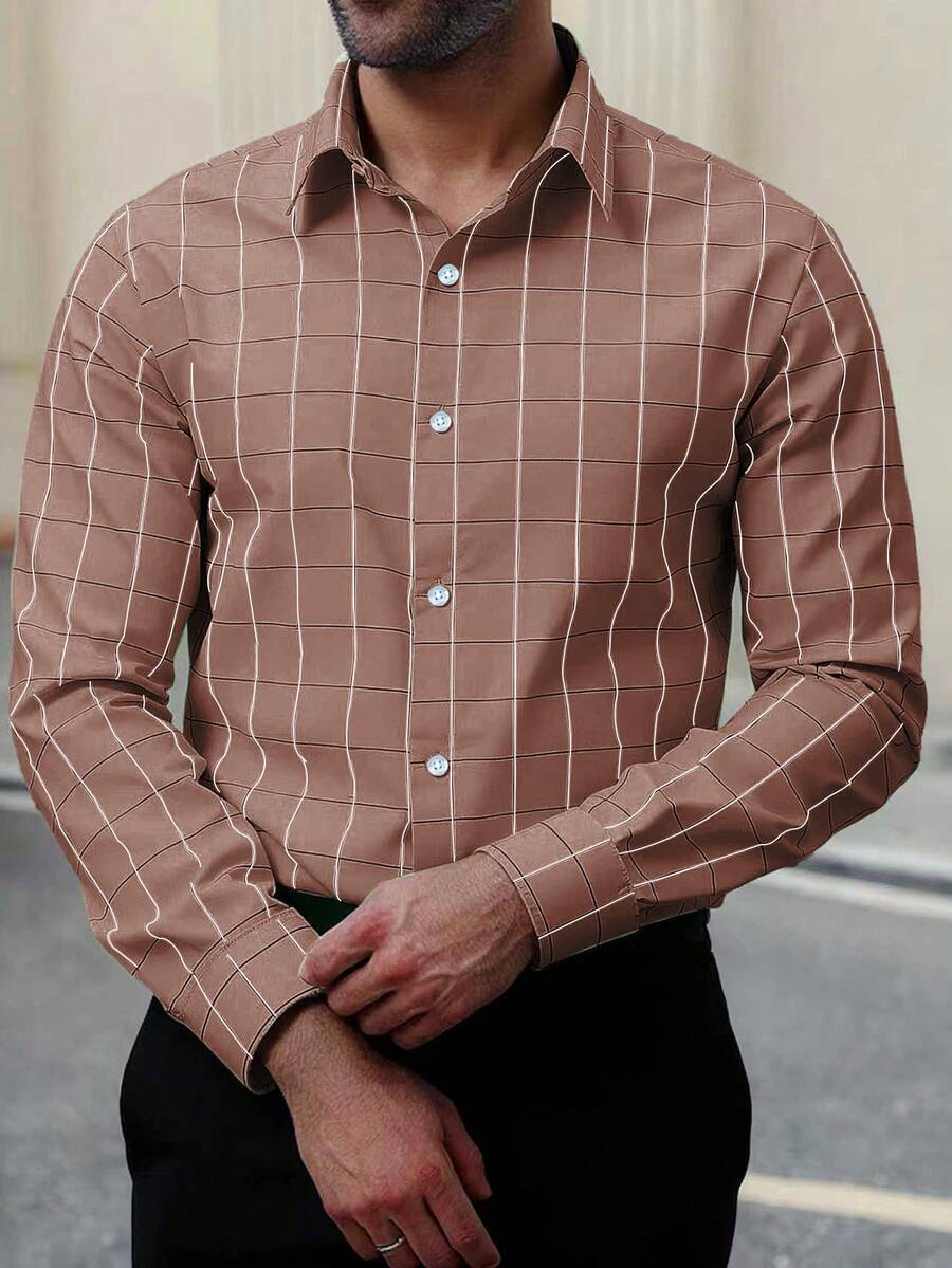 Manfinity Mode Plus Size Men's Casual Versatile Commuter Plaid Shirt - Brown - View 1