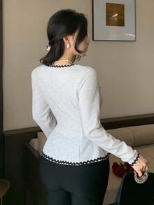 DAZY Abito da donna per primavera/estate, nero con blocchi di colore a contrasto, collo quadrato, adatto per feste, matrimoni, banchetti, balli; Camicetta bianca elegante e alla moda con maniche a volant, adatta per l'ufficio; Giacca regolare - Beige - Visualizzare 5