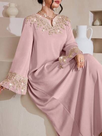 Al Najma Fashionable Applique V-Neck Loose Elegant Dress
