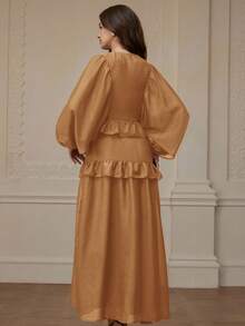 Revavyn Women's Autumn/Winter Lantern Sleeve Solid Coffee Color Shiny Chiffon Loose Round Neck Versatile Button Layered Ruffle Hem Long Sleeve Dress - Mocha Brown - View 6