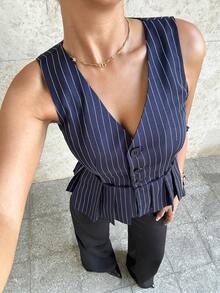 Siren Gaze 女士复古靛蓝条纹休闲马甲，春夏款 - 藏蓝色 - 查看 6