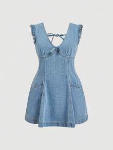 Sunnyshic 大码女式新款牛仔蓝学院风短袖蝴蝶结牛仔连衣裙 - 淺色水洗藍 - 查看 5