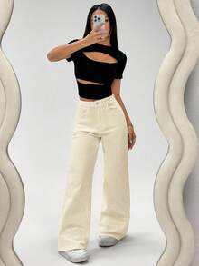 Jeanoix Jeans rectos de pierna con bolsillo en ángulo de unicolor, versátiles y casuales - Albaricoque - Ver 5