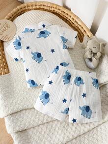 SHEIN 新生儿套装：100%纯棉卡通大象星星印花衬衫领短袖上衣+短裤两件套，轻薄柔软面料，适合0-1岁男宝宝，夏季款 - 藍白色 - 查看 3