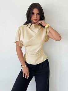 Firerie Crinkle Collar Asymmetrical Sleeve Side Ruched Waist Slim Fit Apricot Bamboo Linen Fabric Blouse For Women, All Season - Champagne - View 7